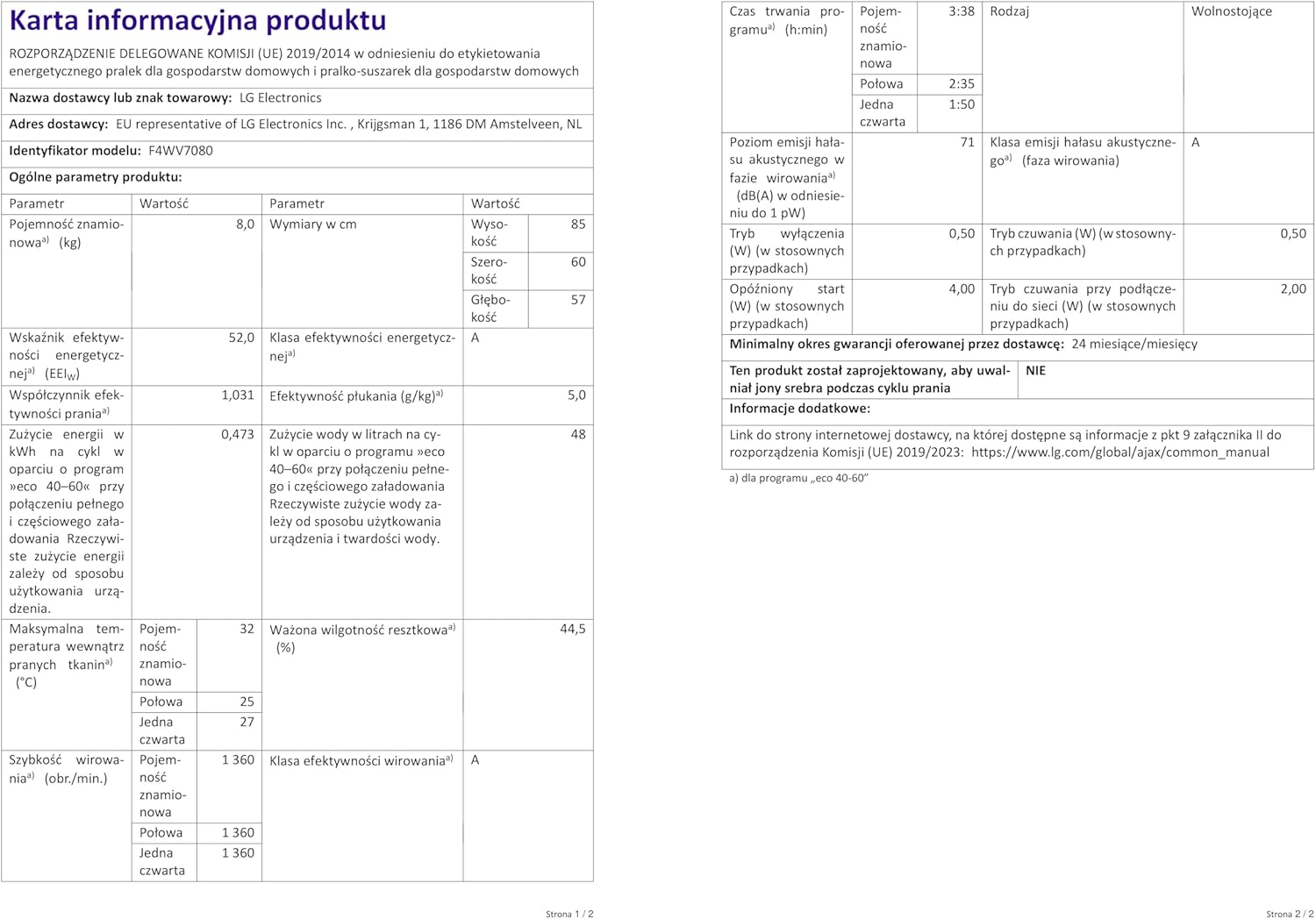 LG F4WV7080, Klasse A, Frontlader-Waschmaschine 8 kg, 1400 U/Min, AI Direct Drive, Wi-Fi, Tiefenreinigung mit Dampf, Große Kapazität, TRIPLE A, Außentür aus Sicherheitsglas, 62 x 60 x 85 cm ꟷ Weiß