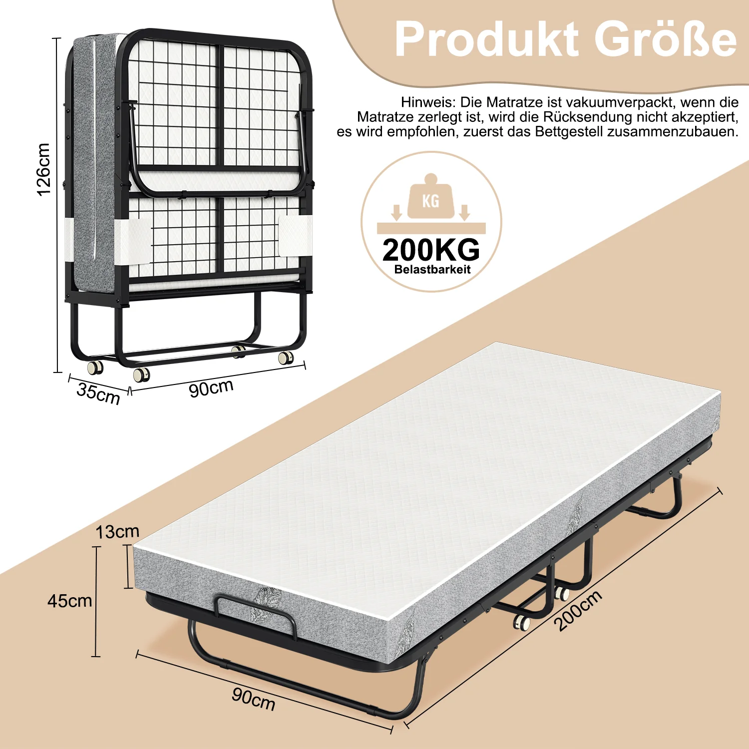 Sonnewelt Klappbett 90x200cm mit 13cm Dicke und Rollen