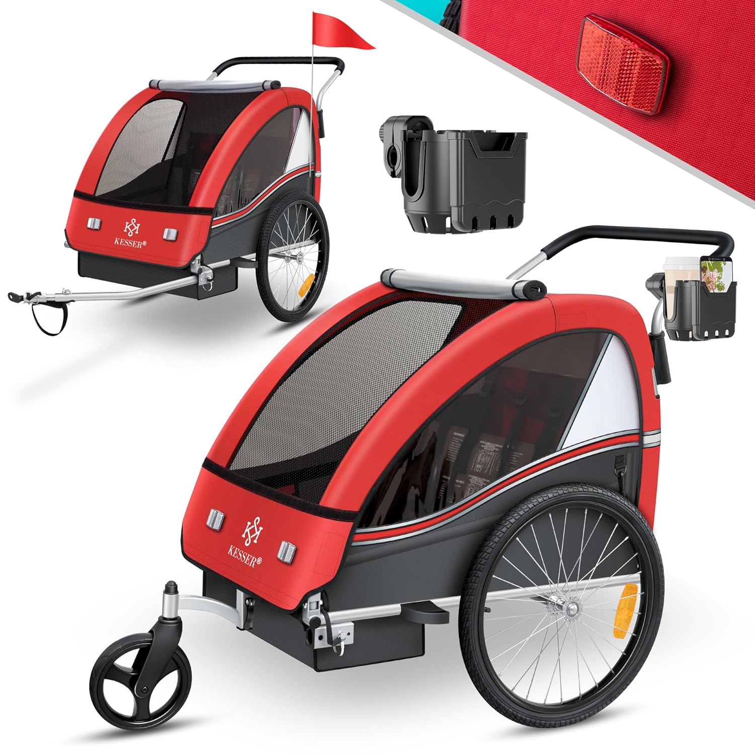 KESSER Kinderfahrradanhänger Sport-RX 2in1 Jogger & Buggy 5-Punkt-Gurt Sicherheitsgurt 360° Vorderrad Kinderfahrradanhänger Reflektoren für 1-2 Kinder (max. 40 kg) Getränkehalter & Smartphonefach