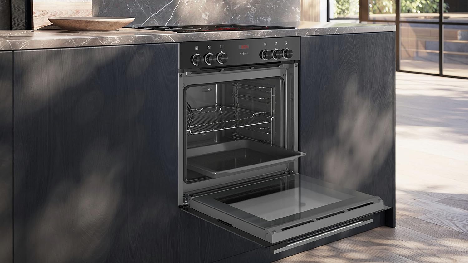 Siemens EQ311KA1ZM Einbau-Herd-Set iQ300, Integrierbare Herd-Kochfeld-Kombination 60 cm breit, Dampfunterstützung, Schnellaufheizung, 3D Heißluft, Bräterzone, Schwarz