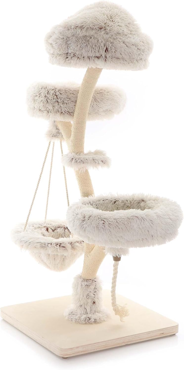 Fudajo Designer Kratzbaum in Zweigdesign 130 cm hoch, Katzenkratzbaum mit Plüsch und Sisal, Kletterbaum für Katzen, Katzenbaum mit Hängeliege