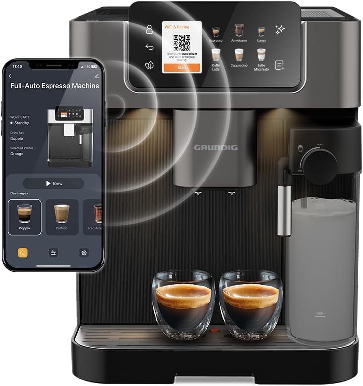 GRUNDIG KVA 7230 Kaffeevollautomat, Kaffeemaschine, 10 Kaffeespezialitäten, 13 Mahlgrade, Milchbehälter, leistungsstark 1350 W, 19 Bar Pumpendruck, Zweifachdüse, Beleuchtung, Schwarz/Dunkelsilber