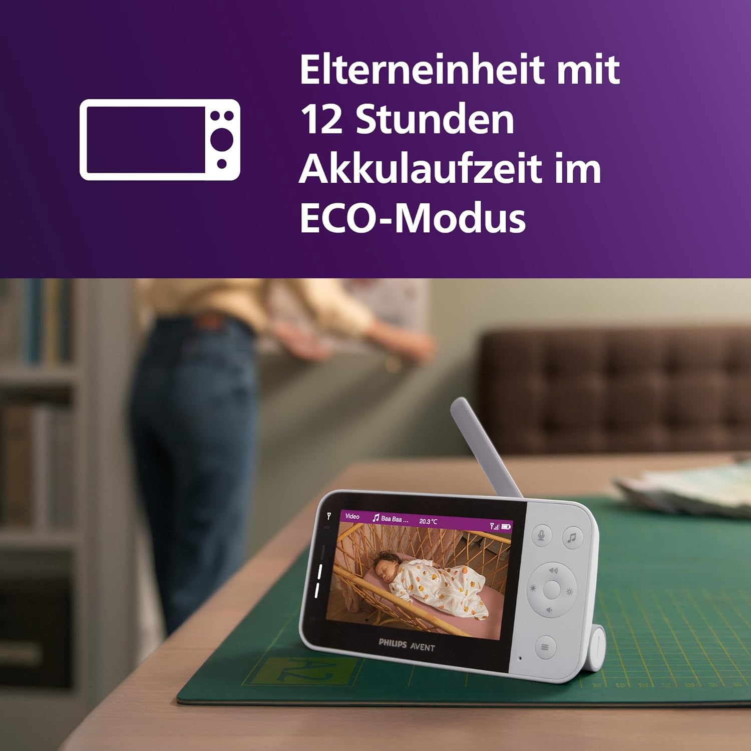PHILIPS Avent Connected Videophone mit WLAN, hochwertiger HD-Kamera, Infrarot-Nachtsichtfunktion, Schrei-Erkennung, Gegensprechfunktion, 12 Stunden Bildschirmlaufzeit im Eco-Modus, Modell SCD951/26