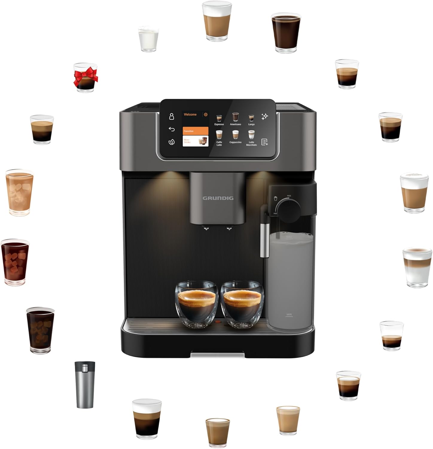 GRUNDIG KVA 7230 Kaffeevollautomat, Kaffeemaschine, 10 Kaffeespezialitäten, 13 Mahlgrade, Milchbehälter, leistungsstark 1350 W, 19 Bar Pumpendruck, Zweifachdüse, Beleuchtung, Schwarz/Dunkelsilber