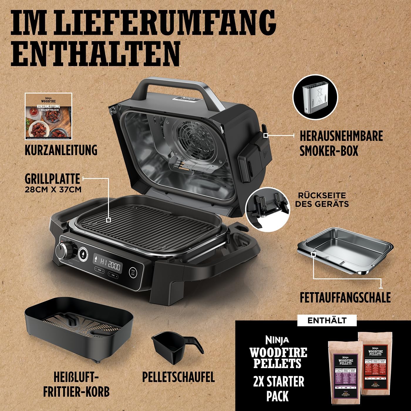 Ninja Woodfire Electric BBQ Grill & Smoker & Air Fryer, 7-in-1 Outdoor BBQ Grill, Air Fry, Smoke, Roast, Bake and more, Weather Resistant, Non-Stick, Portable, Electric, Grey/Black OG701EU