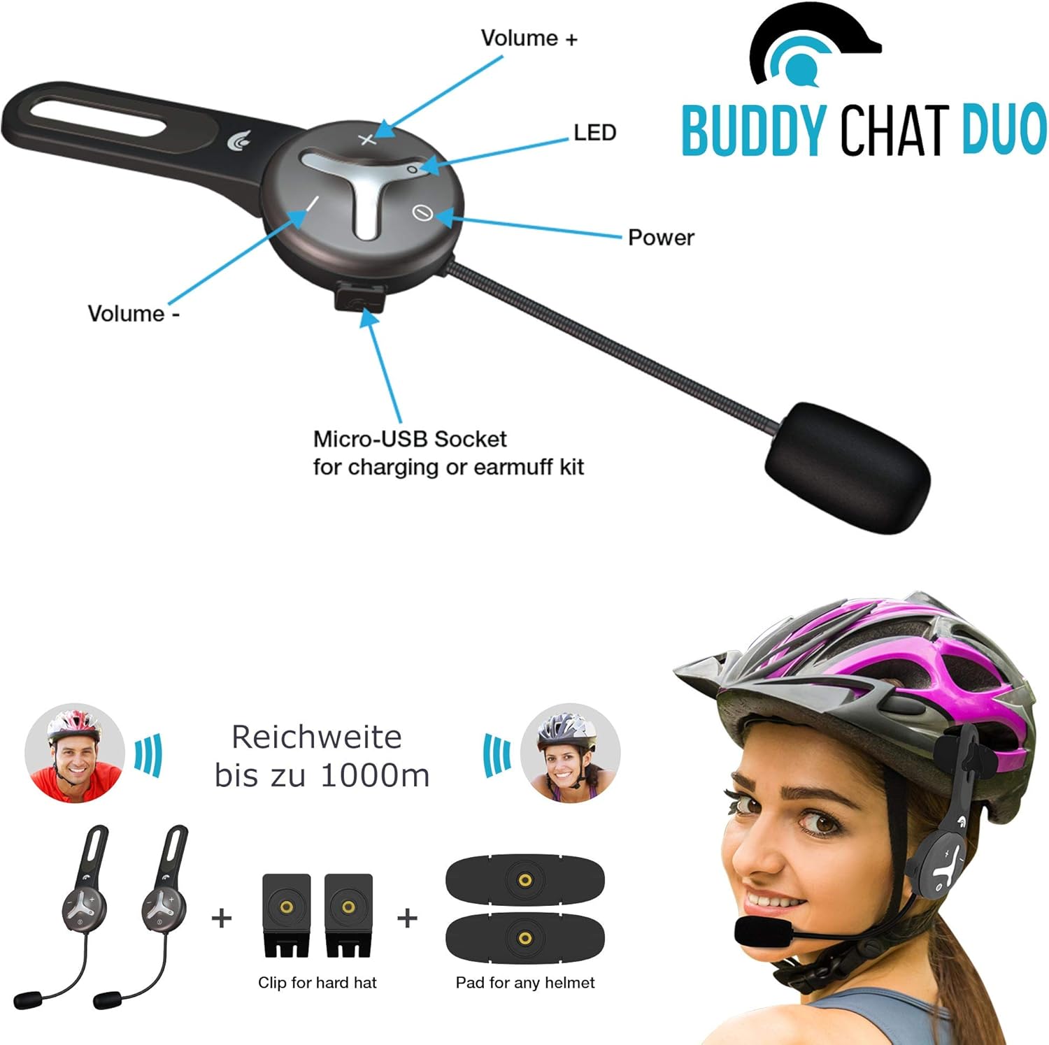 BuddyChat Duo (2er Set) Bluetooth Fahrrad Sport Ski Arbeit Intercom Helm Headset, Freisprechanlage Funkgerät, Gegensprechanlage, DSP-Geräuschunterdrückung, Reichweite bis 1000m