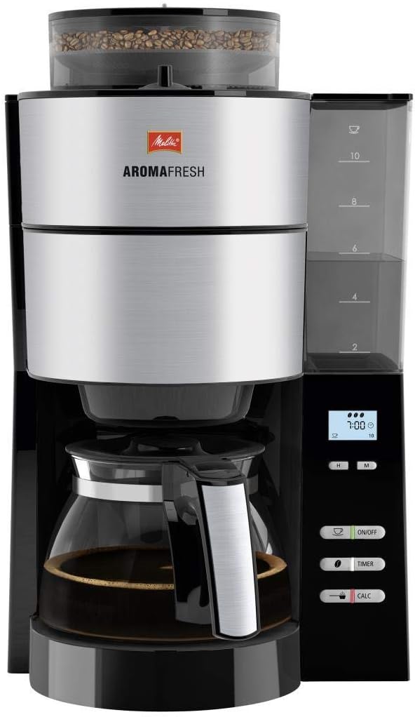 Melitta AromaFresh - Filterkaffeemaschine - mit Glaskanne - integriertes Mahlwerk - Timer Funktion - 10 Tassen - Pure Black