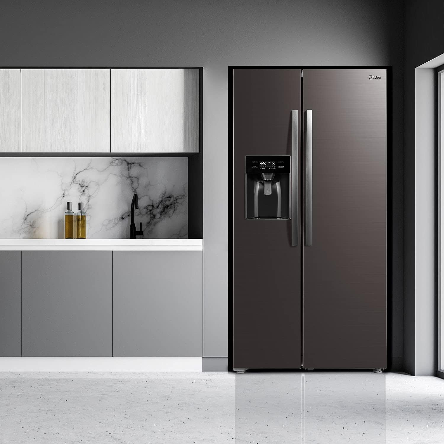 Midea KS-DDX 6.32 WT Side-by-Side Kühl-/Gefrierkombination/ 178,8 cm Hhe/ 254 kWh/Jahr/No Frost/Dual Inverter Compressor/mit 3in1 Wasser-/Eisspender und Wassertank, Dark Inox