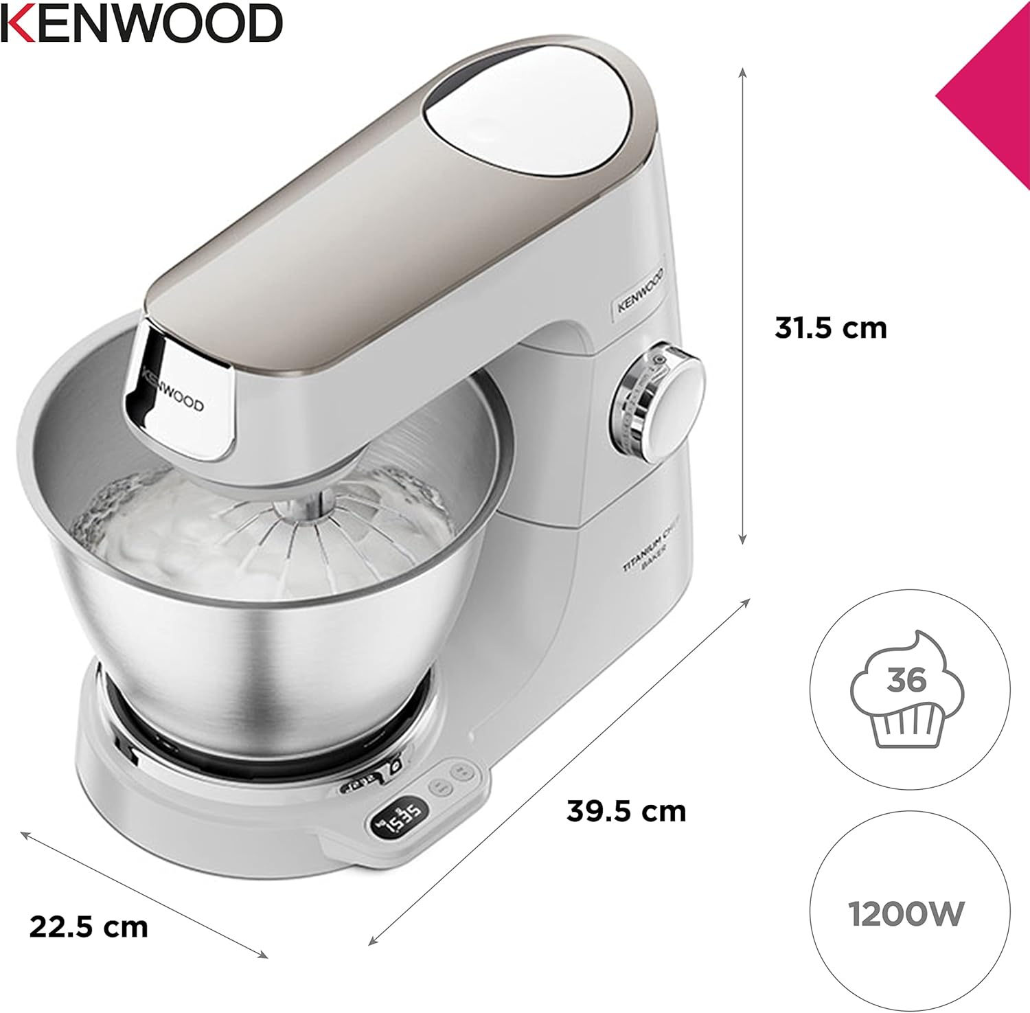 Kenwood Titanium Chef Baker KVL85.424SI Küchenmaschine mit integrierter Waage, inkl. 4-teiligem Patisserie-Set, 7 L und 5L Rührschüssel, stufenloser Geschwindigkeitsregler, 1200 W, Silber