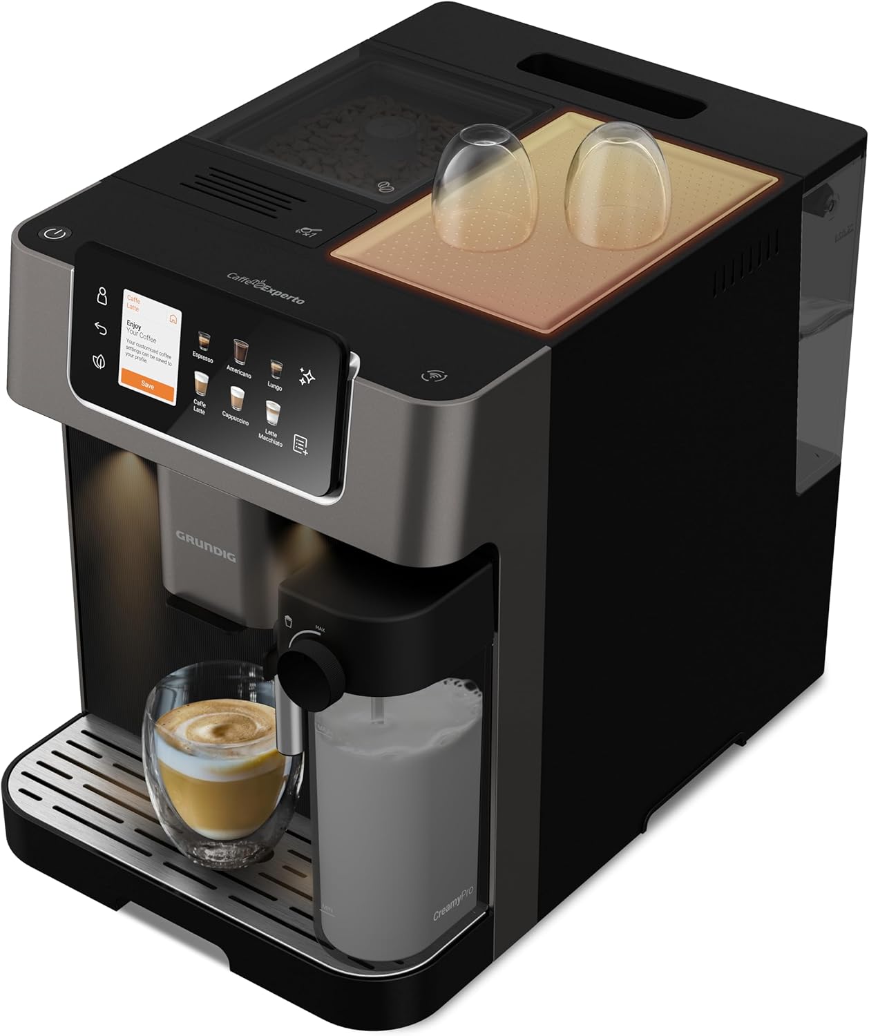 GRUNDIG KVA 7230 Kaffeevollautomat, Kaffeemaschine, 10 Kaffeespezialitäten, 13 Mahlgrade, Milchbehälter, leistungsstark 1350 W, 19 Bar Pumpendruck, Zweifachdüse, Beleuchtung, Schwarz/Dunkelsilber