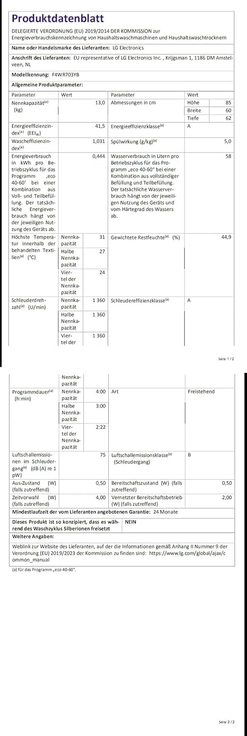LG F4WV7080, Klasse A, Frontlader-Waschmaschine 8 kg, 1400 U/Min, AI Direct Drive, Wi-Fi, Tiefenreinigung mit Dampf, Große Kapazität, TRIPLE A, Außentür aus Sicherheitsglas, 62 x 60 x 85 cm ꟷ Weiß