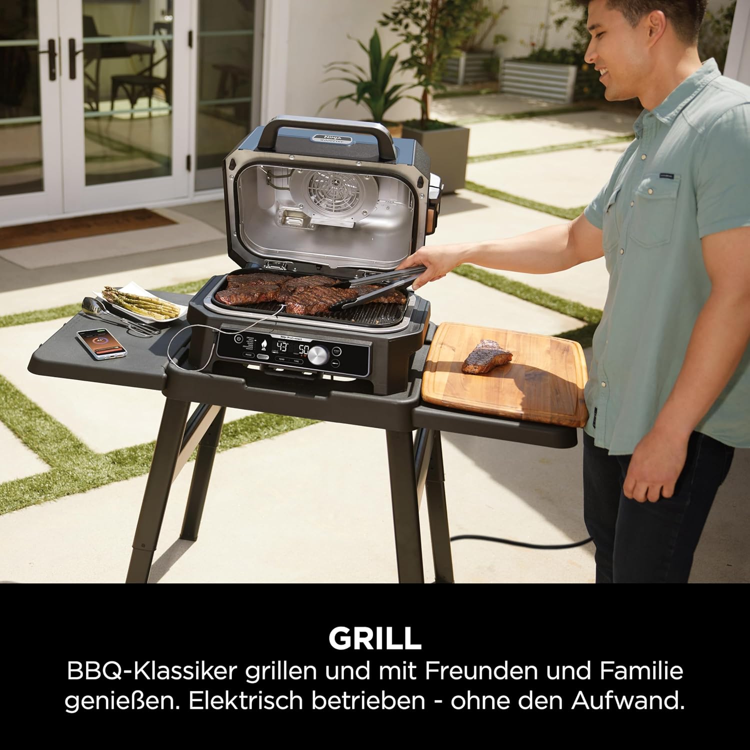 Ninja Woodfire Electric BBQ Grill & Smoker & Air Fryer, 7-in-1 Outdoor BBQ Grill, Air Fry, Smoke, Roast, Bake and more, Weather Resistant, Non-Stick, Portable, Electric, Grey/Black OG701EU
