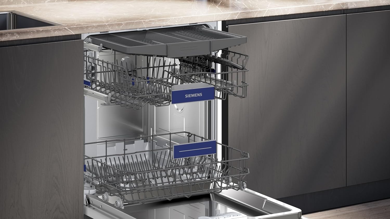 Siemens SN43ES14VE, iQ300 Smarter Geschirrspüler, Unterbau-Spülmaschine mit Besteckschublade, 60 cm, automatische Türöffnung dank autoOpen dry, besonders leise mit iQdrive-Motor, aquaStop, Edelstahl