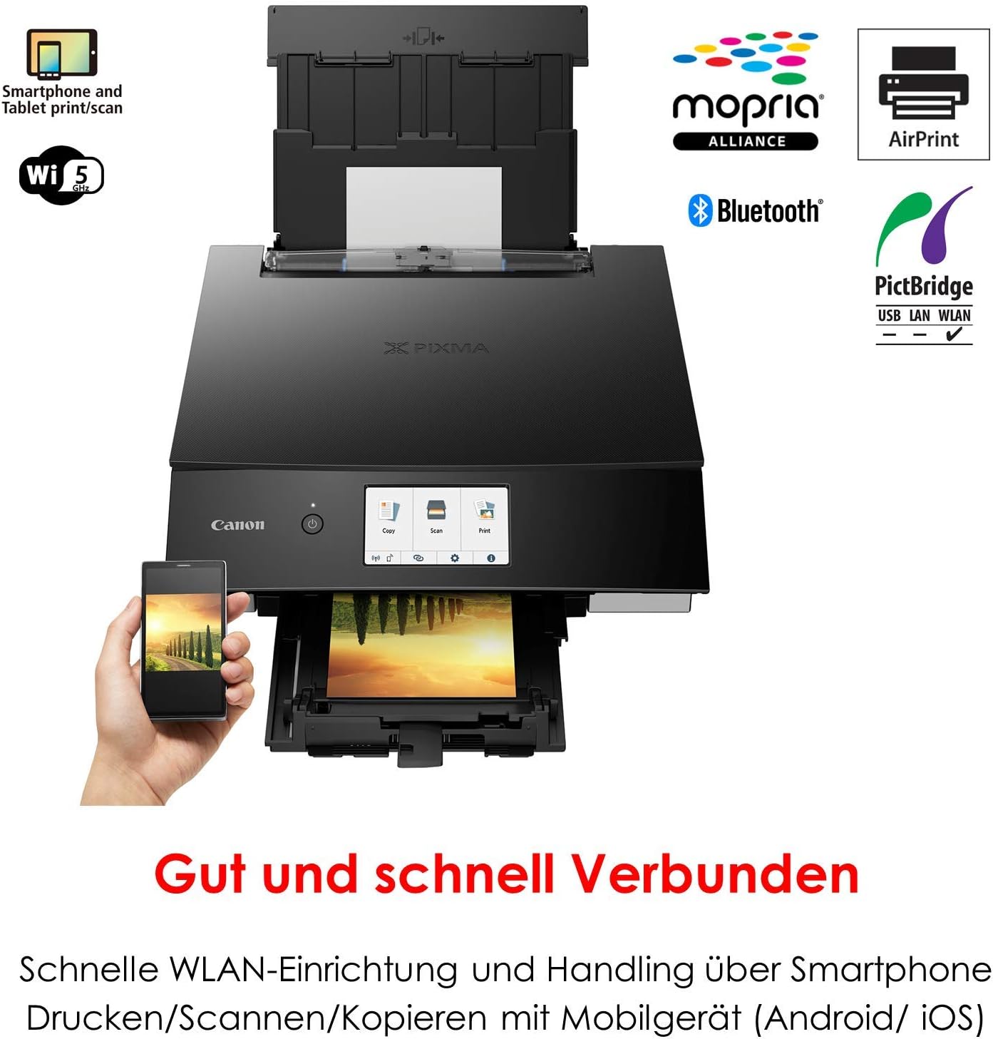 Canon PIXMA TS8351a Drucker Farbtintenstrahl Multifunktionsgerät DIN A4 (Scanner, Kopierer, 4.800 x 1.200 dpi, 6 separate Tinten, USB, WLAN, AirPrint, Duplexdruck, 2 Papierzuführungen, 5 GHz), weiß