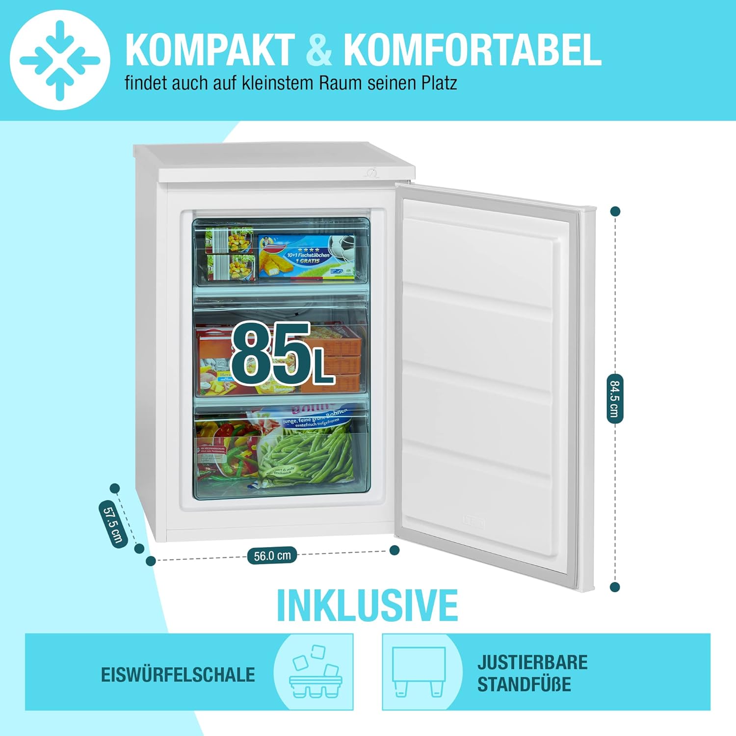 Bomann® Gefrierschrank | 85 Liter Nutzinhalt | Gefrierschrank klein mit 3 Gefrierschubladen u. Eiswürfelschale | Mini Fridge mit stufenloser Temperaturreglung | Türanschlag wechselbar | GS 2186.1 weiß