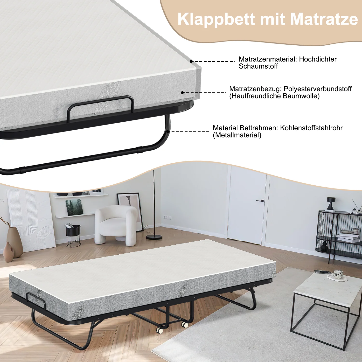Sonnewelt Klappbett 90x200cm mit 13cm Dicke und Rollen