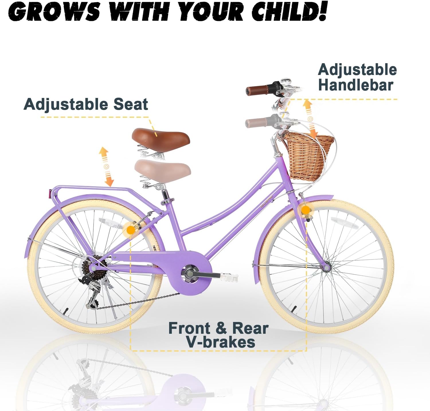 Glerc Missy 20 24 26 Zoll Mädchen City 6-Gang Hybrid Cruiser Fahrrad mit Weidenkorb für Jugend über 6-Jahre alt, mehrere Farben