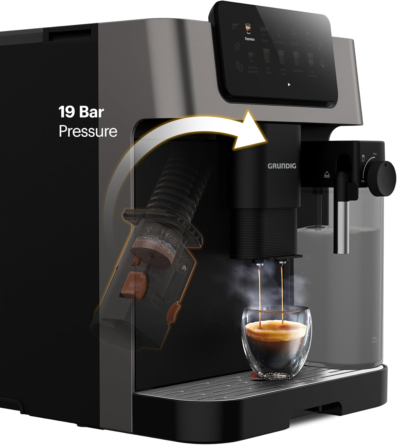 GRUNDIG KVA 7230 Kaffeevollautomat, Kaffeemaschine, 10 Kaffeespezialitäten, 13 Mahlgrade, Milchbehälter, leistungsstark 1350 W, 19 Bar Pumpendruck, Zweifachdüse, Beleuchtung, Schwarz/Dunkelsilber