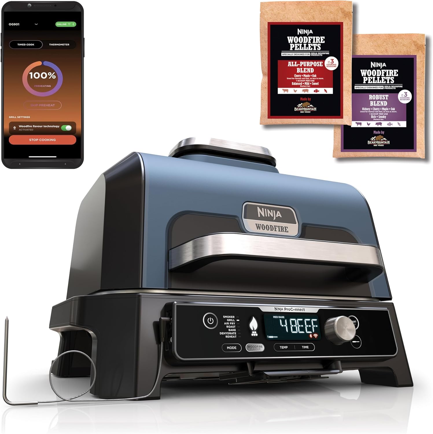 Ninja Woodfire Electric BBQ Grill & Smoker & Air Fryer, 7-in-1 Outdoor BBQ Grill, Air Fry, Smoke, Roast, Bake and more, Weather Resistant, Non-Stick, Portable, Electric, Grey/Black OG701EU