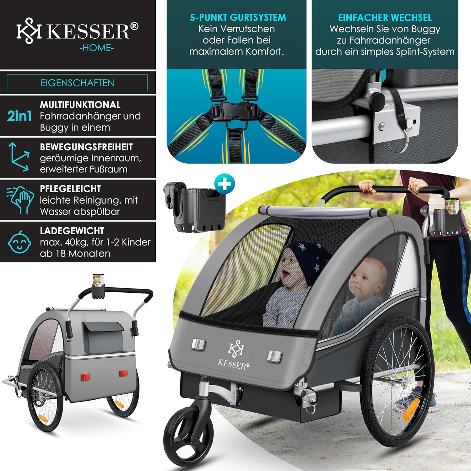 KESSER Kinderfahrradanhänger Sport-RX 2in1 Jogger & Buggy 5-Punkt-Gurt Sicherheitsgurt 360° Vorderrad Kinderfahrradanhänger Reflektoren für 1-2 Kinder (max. 40 kg) Getränkehalter & Smartphonefach