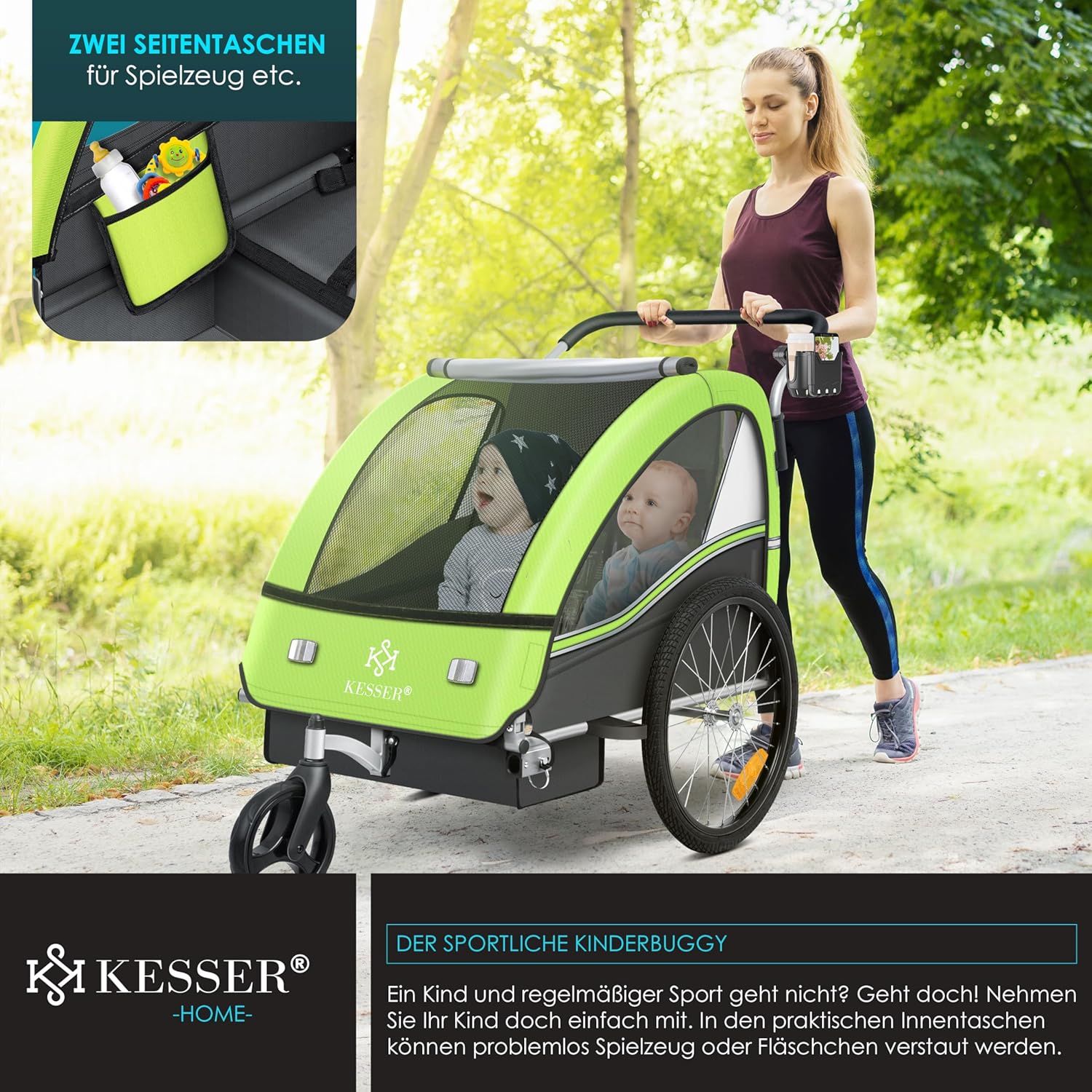 KESSER Kinderfahrradanhänger Sport-RX 2in1 Jogger & Buggy 5-Punkt-Gurt Sicherheitsgurt 360° Vorderrad Kinderfahrradanhänger Reflektoren für 1-2 Kinder (max. 40 kg) Getränkehalter & Smartphonefach