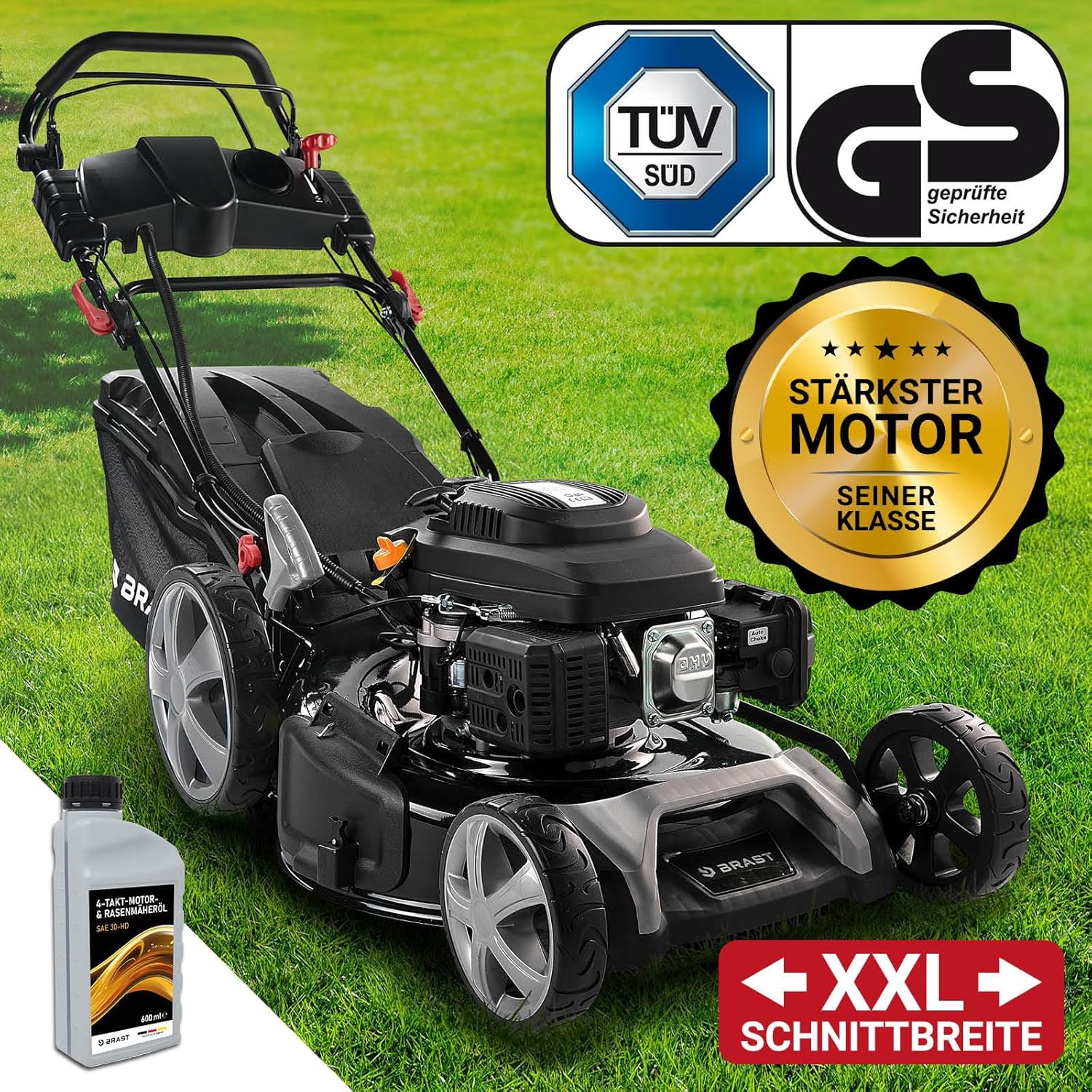 BRAST Benzin Rasenmäher mit Antrieb | 5,2kW (7PS) | 55cm Schnittbreite | viele Modelle | TÜV | 30-80mm Schnitthöhe | 60L Fangkorb | 4 Takt OHV Motor | Stahlgehäuse | Power