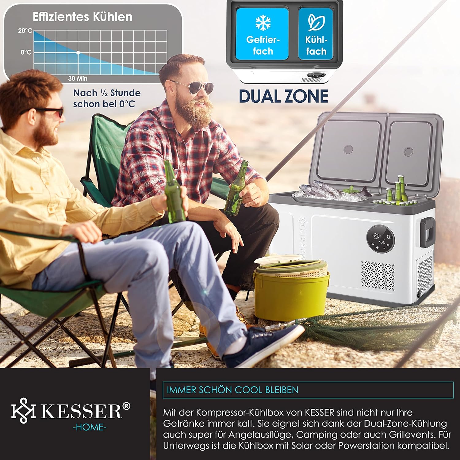 KESSER Kompressor Kühlbox 2in1 Doppelzone Kühl & Gefrierfach elektrische Gefrierbox mit 2x Kühlakkus & LED-Touch-Bedienung | Kühlschrank Kühlung bis -20 °C für Camping, Auto, Lkw 12/24V 230V