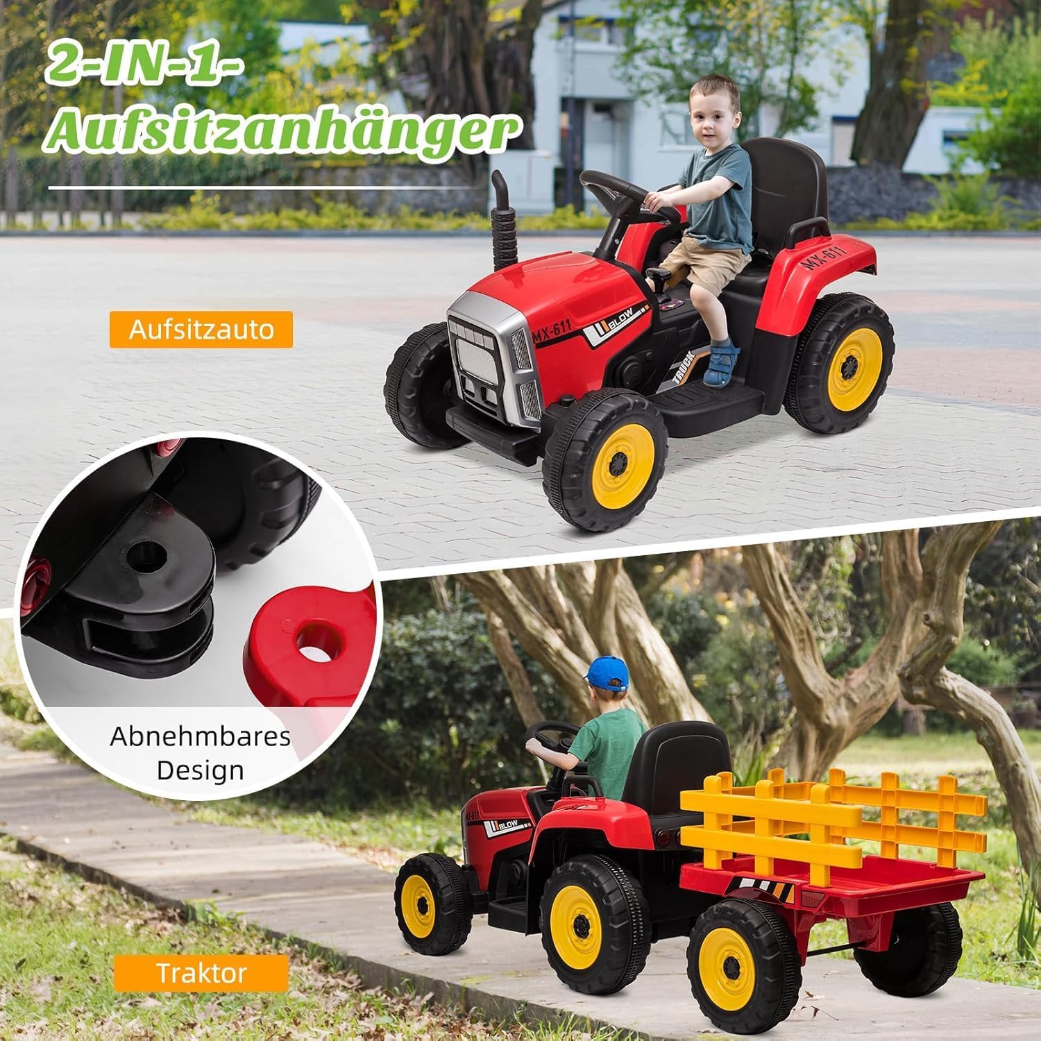 HAUSPROFI 12V 3-Gang Kinder Elektroauto mit Anhänger, Elektro Traktor 2 Fahrmodi, 2,4G-Fernbedienung, Kinder Traktor LED-Licht, Bluetooth, Musik, USB, Elektrischer Traktor für kinder ab 3 Jahren, Grün