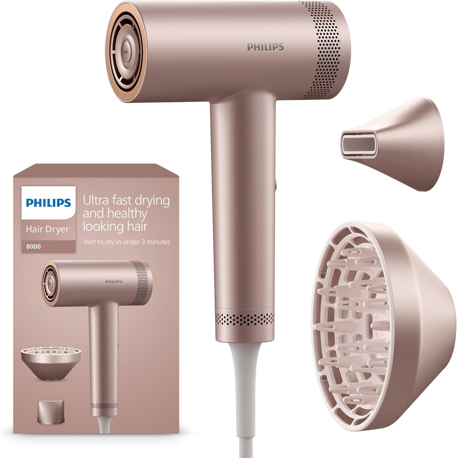 Philips Hochgeschwindigkeits-Haartrockner Serie 8000, ThermoShield Advanced, Ionic, Stylingdüse & Diffusor, Kopfhautpflege, 1400 W, Rose Champagne, Modell BHD837/10