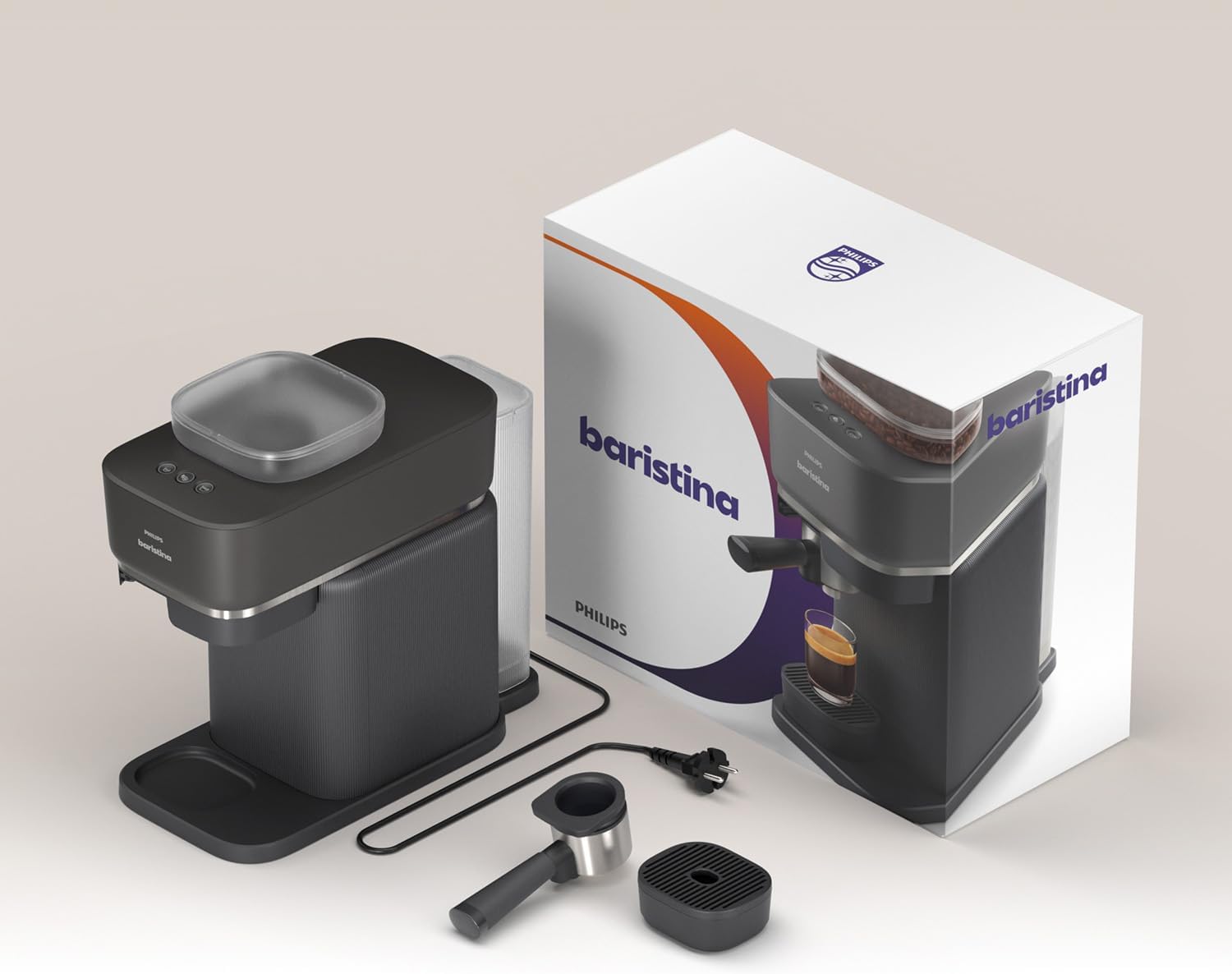 Philips Baristina Espressomaschine - Real Espresso- made simple. Kompakte Kaffeemaschine- Naturweiß mit weißem Siebträger- 16-bar-Pumpendruck- automatisches Mahlwerk- Cafe Crema (BAR300/00)