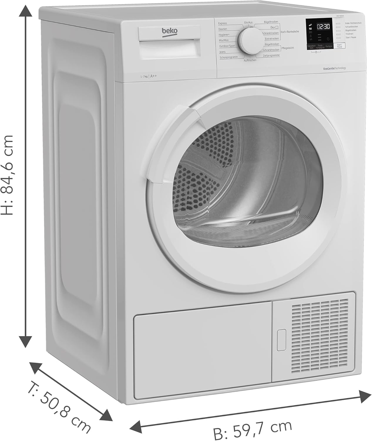 Beko DHC742GXS b300 Wrmepumpentrockner, Frontlader, 7 kg Beladungskapazitt, nur 50,8 cm tief, 15 Programme, Sonsortrocknung, Knitterschutz, Allergikergeeignet, Sulenfhig, Schontrommel, Wei