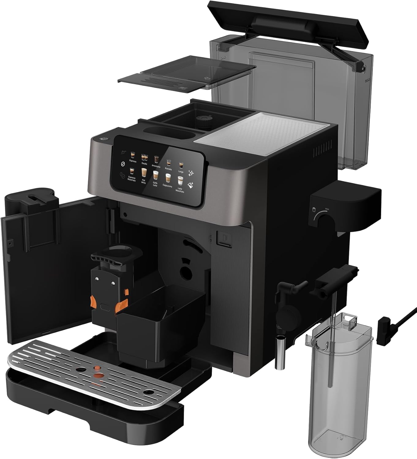 GRUNDIG KVA 7230 Kaffeevollautomat, Kaffeemaschine, 10 Kaffeespezialitäten, 13 Mahlgrade, Milchbehälter, leistungsstark 1350 W, 19 Bar Pumpendruck, Zweifachdüse, Beleuchtung, Schwarz/Dunkelsilber