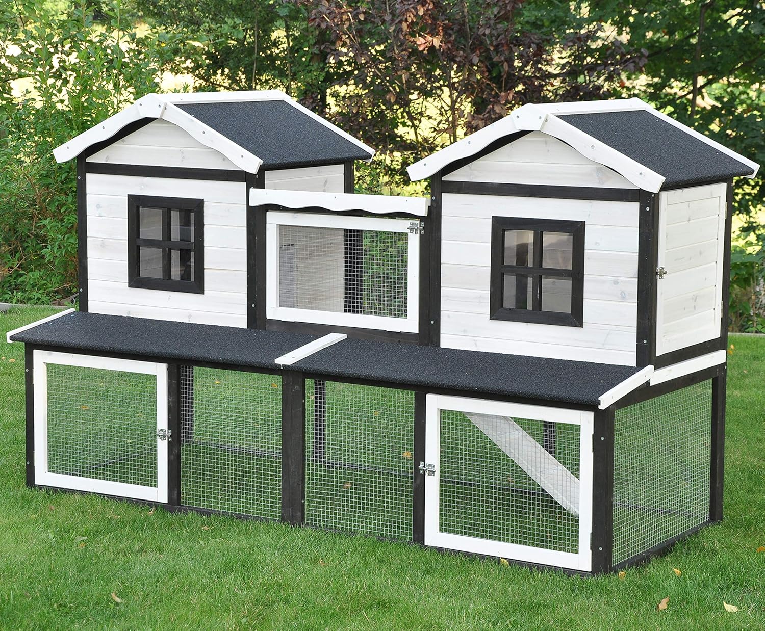 nanook Premium Hasenstall Kleintierstall Kaninchenstall XXL groß artgerecht mit Freilauf Gehege ideal für draußen 197 x 85 x 112 cm - braun weiß - 2 Ebenen