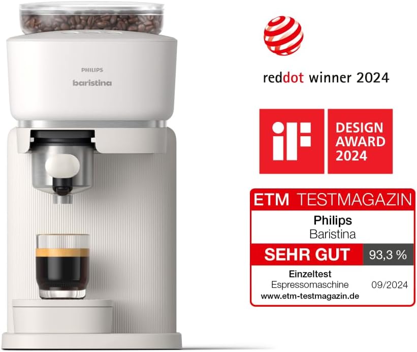 Philips Baristina Espressomaschine - Real Espresso- made simple. Kompakte Kaffeemaschine- Naturweiß mit weißem Siebträger- 16-bar-Pumpendruck- automatisches Mahlwerk- Cafe Crema (BAR300/00)