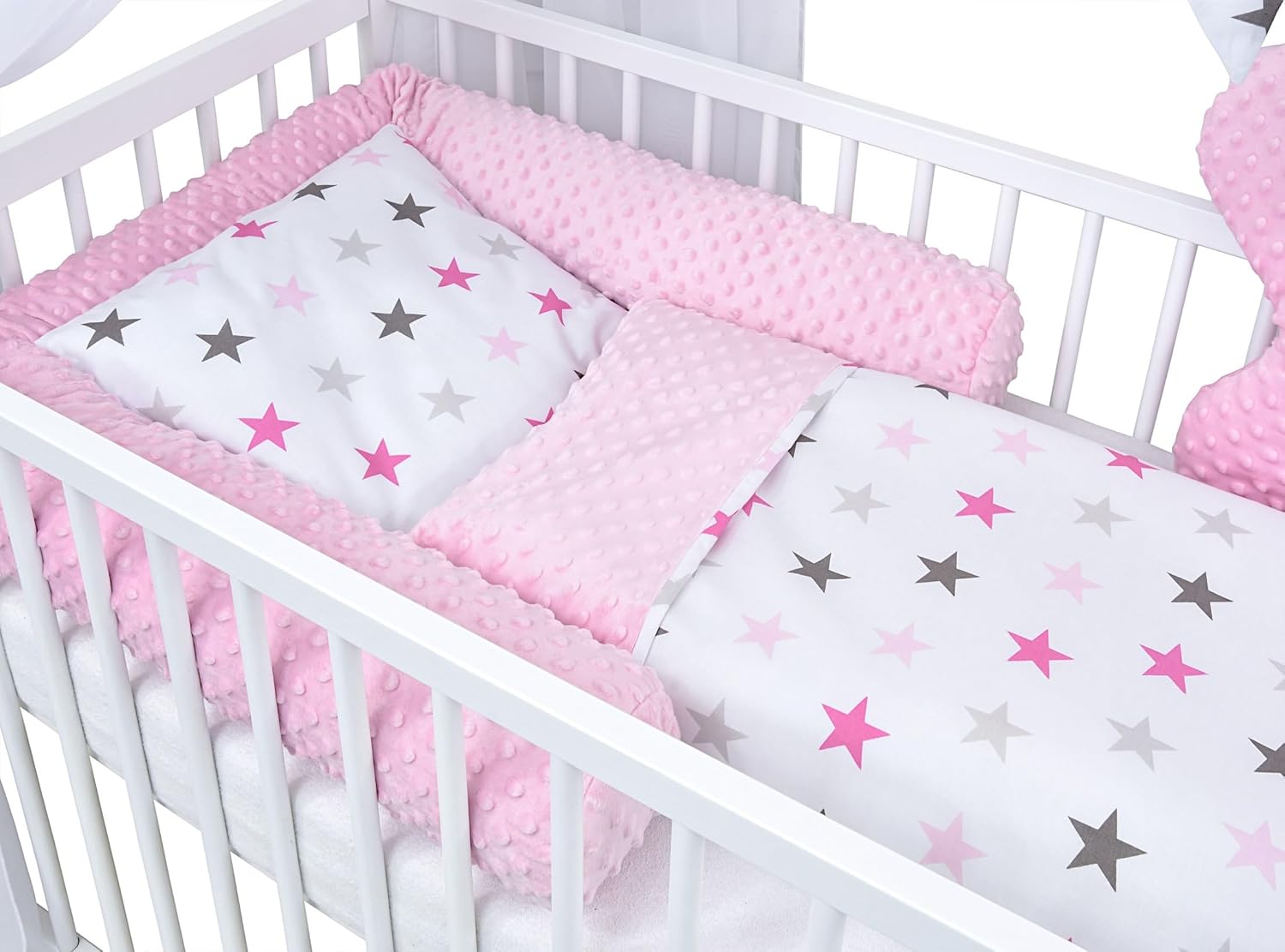 Baby Delux Babybett Komplett Set Hausbett 60x120 cm weiß Schublade Rausfallschutz Kinderbett Matratze Bettwäsche Deko Set (Prince Stars)