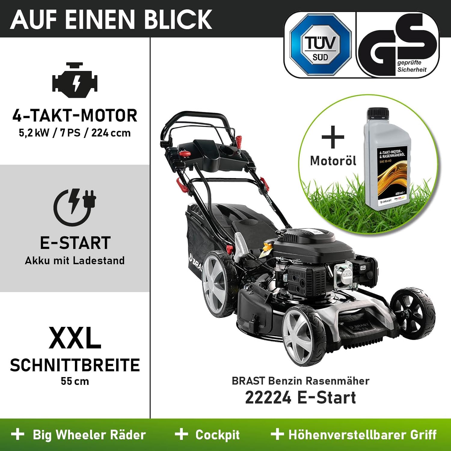 BRAST Benzin Rasenmäher mit Antrieb | 5,2kW (7PS) | 55cm Schnittbreite | viele Modelle | TÜV | 30-80mm Schnitthöhe | 60L Fangkorb | 4 Takt OHV Motor | Stahlgehäuse | Power