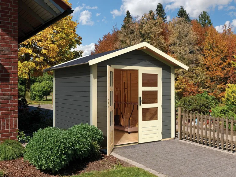 Karibu Gartenhaus »Carlos«, Satteldach, Witterungsschutz, Tür mit 3 Lichtausschnitten