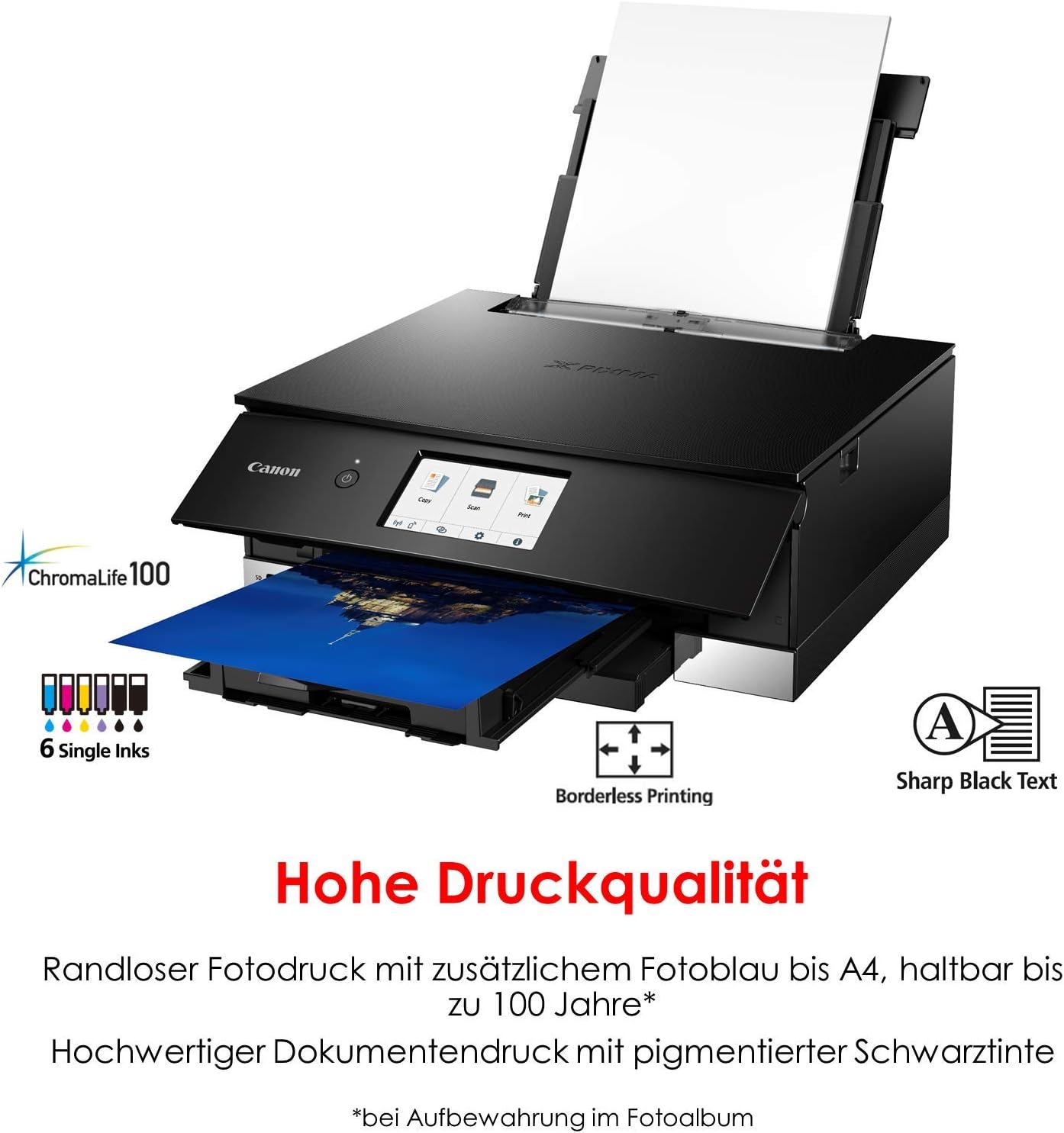 Canon PIXMA TS8351a Drucker Farbtintenstrahl Multifunktionsgerät DIN A4 (Scanner, Kopierer, 4.800 x 1.200 dpi, 6 separate Tinten, USB, WLAN, AirPrint, Duplexdruck, 2 Papierzuführungen, 5 GHz), weiß