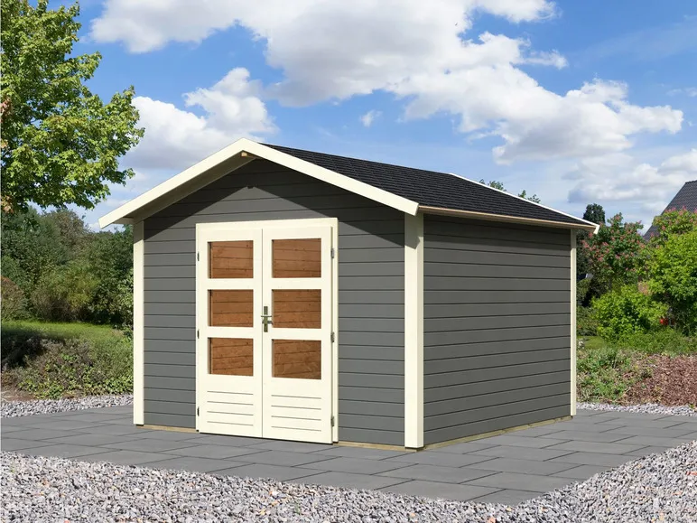 Karibu Gartenhaus »Carlos«, Satteldach, Witterungsschutz, Tür mit 3 Lichtausschnitten