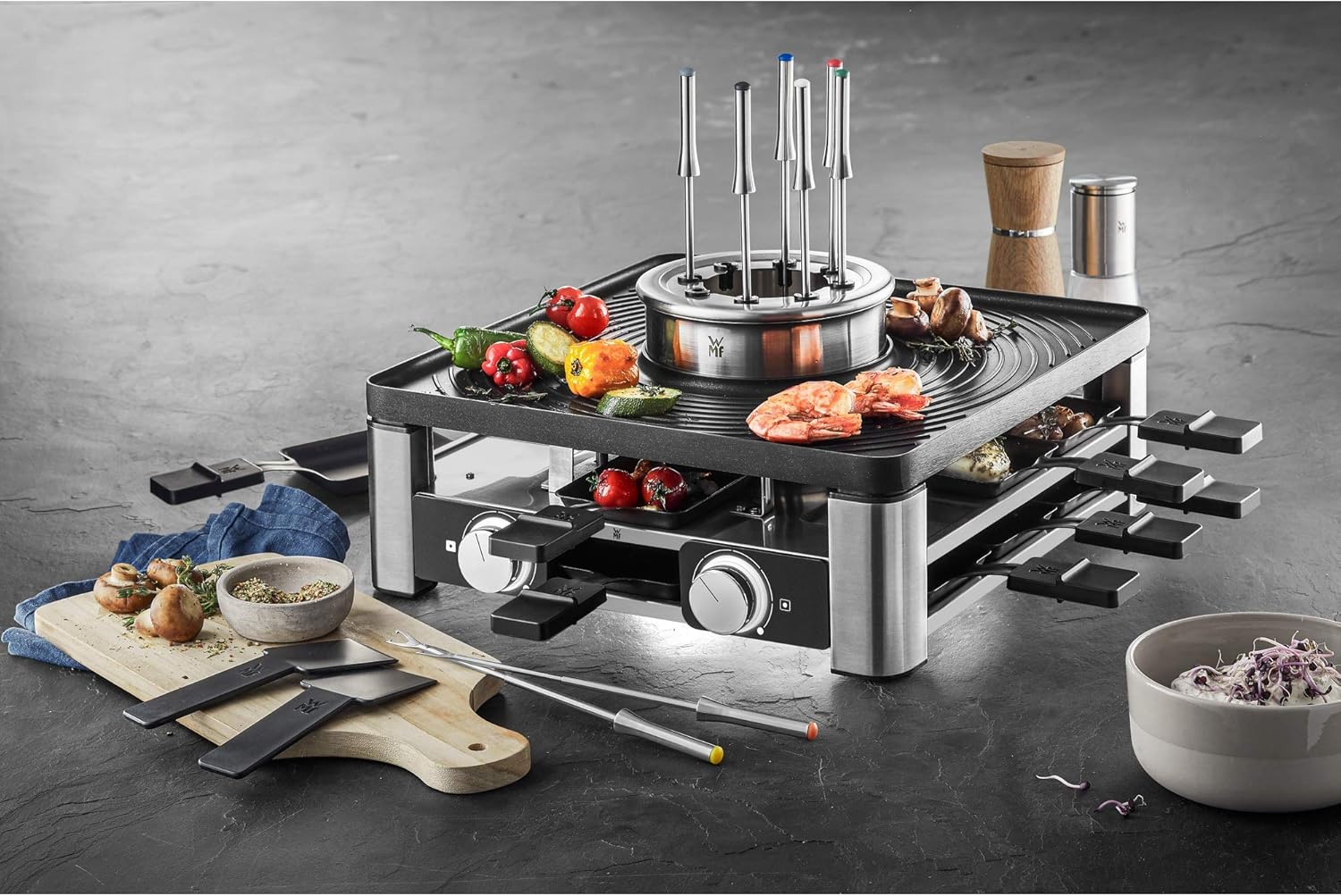 WMF Lumero 3in1 Gourmet Station für 8 Personen, Raclette Fondue Kombi, elektrisch, Temperaturregulierung, Beleuchtung, 1800 Watt, platzsparend, edelstahl matt