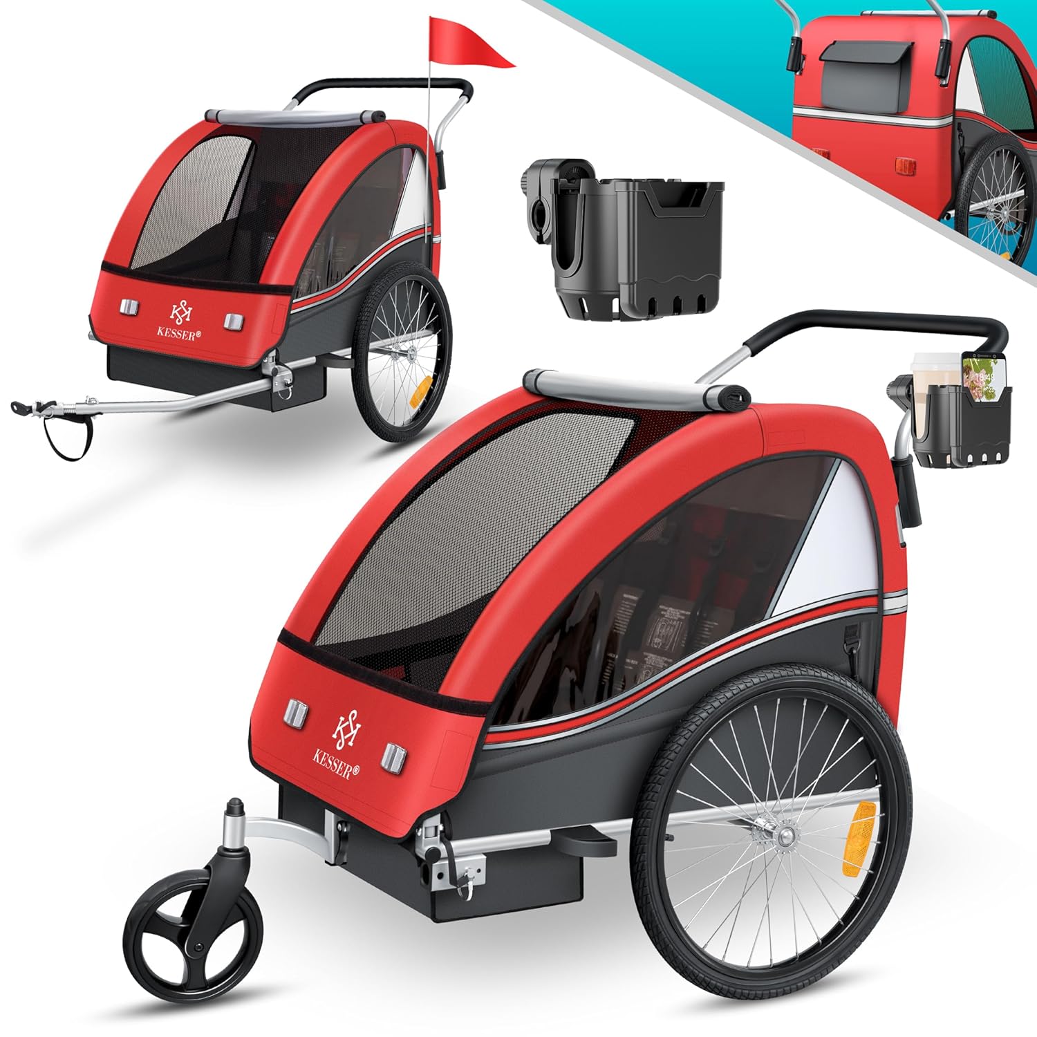 KESSER Kinderfahrradanhänger Sport-RX 2in1 Jogger & Buggy 5-Punkt-Gurt Sicherheitsgurt 360° Vorderrad Kinderfahrradanhänger Reflektoren für 1-2 Kinder (max. 40 kg) Getränkehalter & Smartphonefach