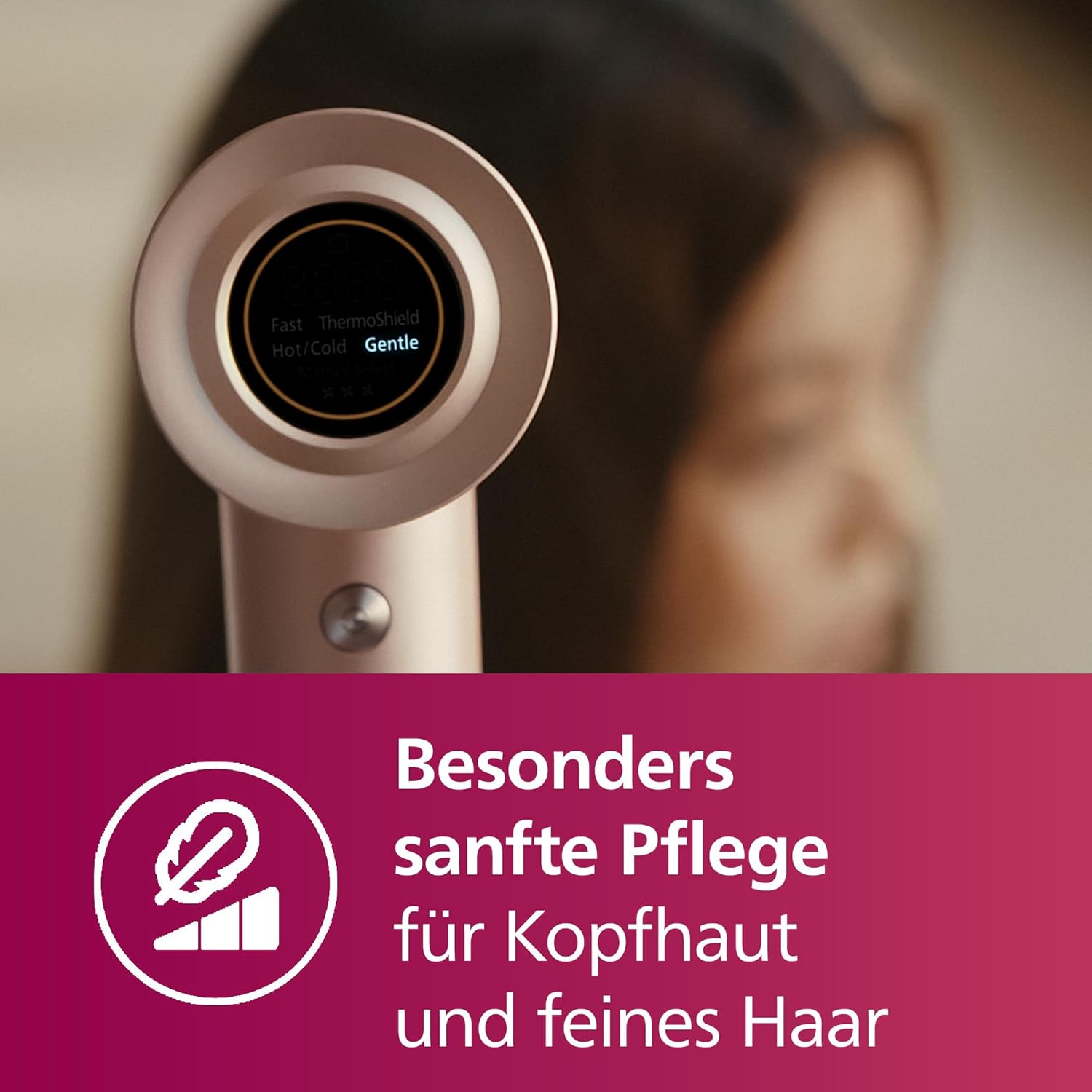 Philips Hochgeschwindigkeits-Haartrockner Serie 8000, ThermoShield Advanced, Ionic, Stylingdüse & Diffusor, Kopfhautpflege, 1400 W, Rose Champagne, Modell BHD837/10