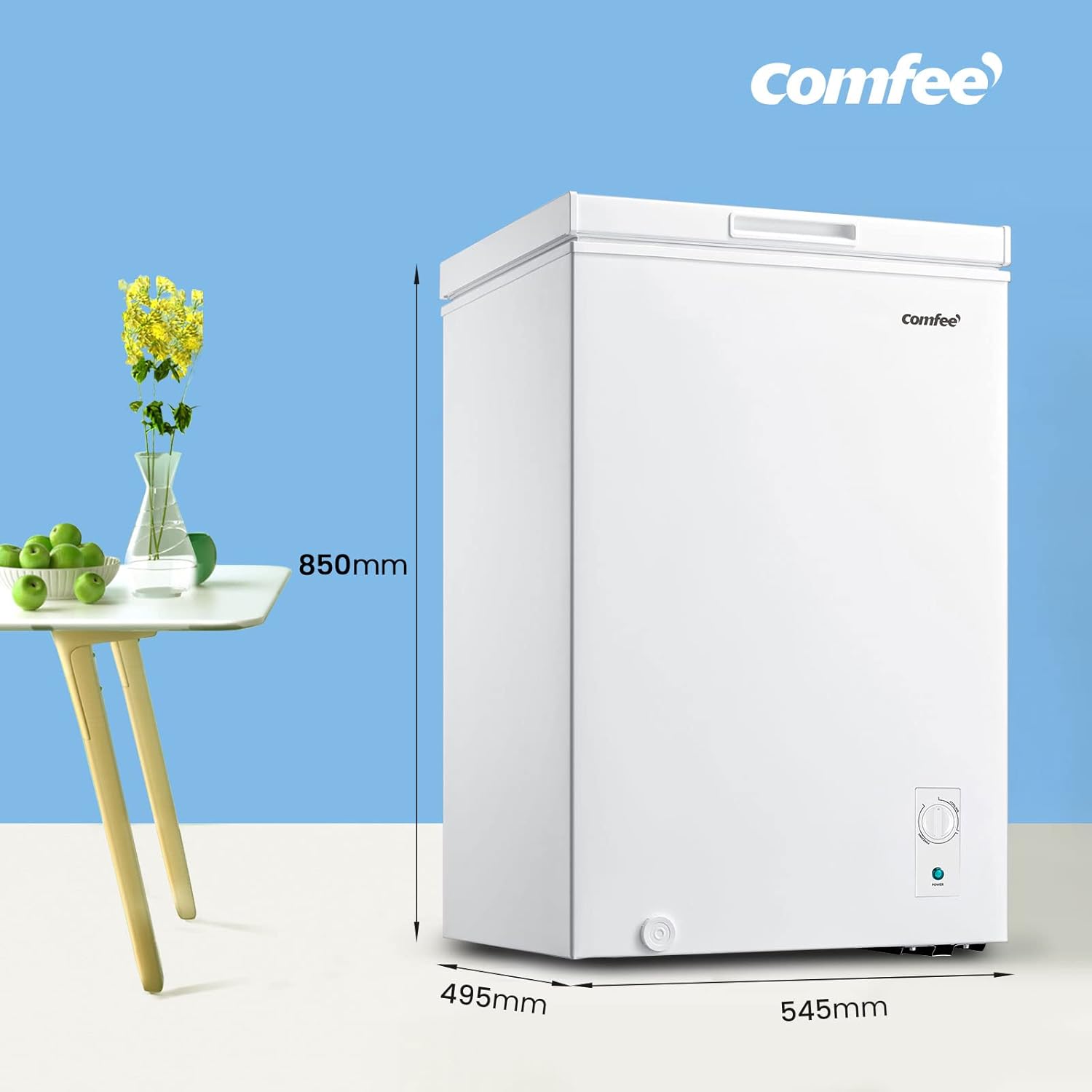 Comfee RCC100WH2(E) Gefriertruhe/169 kWh/Jahr/85cm hoch/99L/38dB/Geringe Lautstärke/Hoch effizientesD-förmigesRohr/Geeignet für verschiedene Einsatzszenarien/Einstellbarer Temperaturregler/Weiß