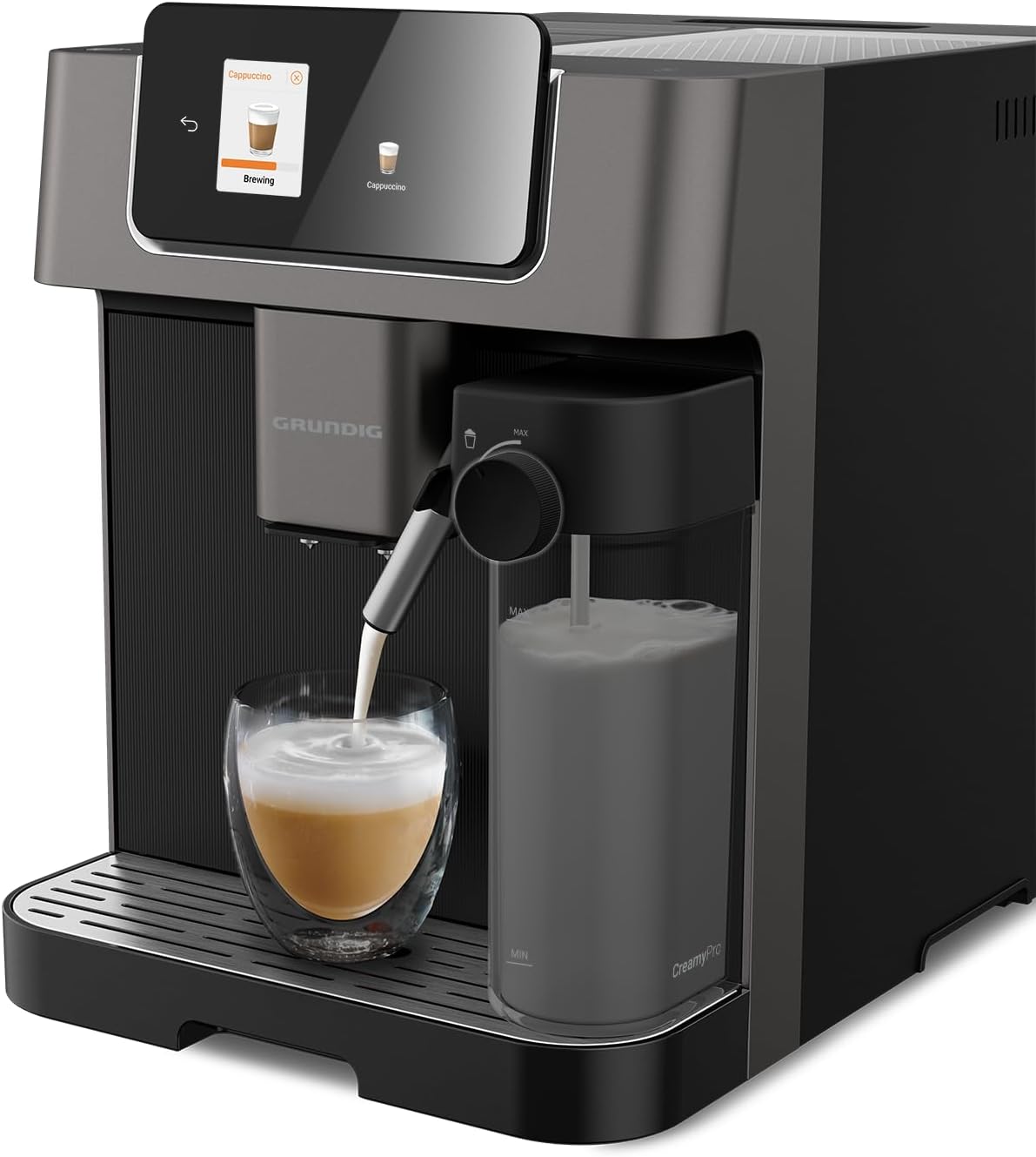 GRUNDIG KVA 7230 Kaffeevollautomat, Kaffeemaschine, 10 Kaffeespezialitäten, 13 Mahlgrade, Milchbehälter, leistungsstark 1350 W, 19 Bar Pumpendruck, Zweifachdüse, Beleuchtung, Schwarz/Dunkelsilber