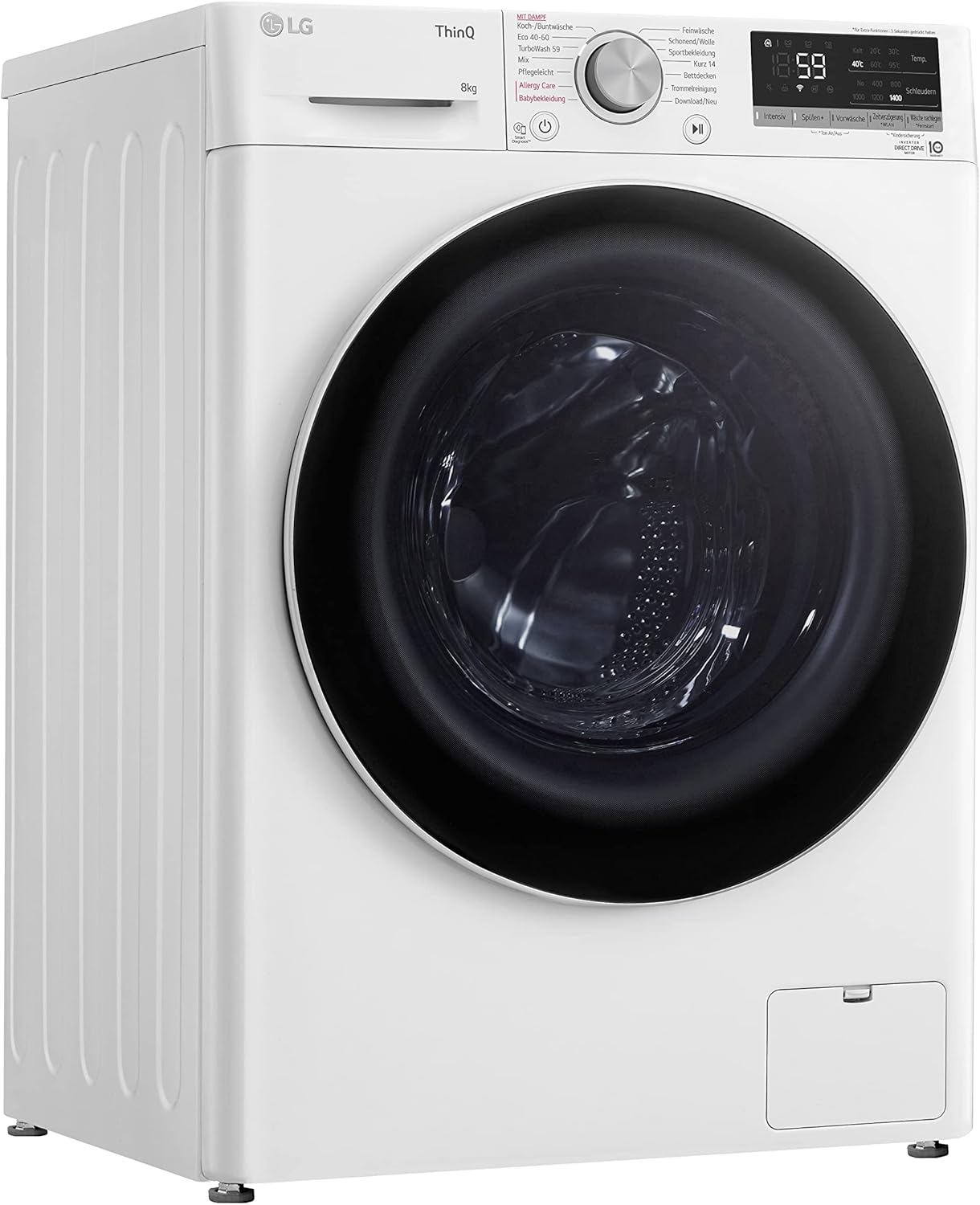 LG F4WV7080, Klasse A, Frontlader-Waschmaschine 8 kg, 1400 U/Min, AI Direct Drive, Wi-Fi, Tiefenreinigung mit Dampf, Große Kapazität, TRIPLE A, Außentür aus Sicherheitsglas, 62 x 60 x 85 cm ꟷ Weiß