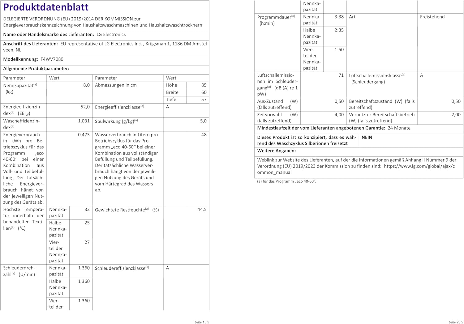 LG F4WV7080, Klasse A, Frontlader-Waschmaschine 8 kg, 1400 U/Min, AI Direct Drive, Wi-Fi, Tiefenreinigung mit Dampf, Große Kapazität, TRIPLE A, Außentür aus Sicherheitsglas, 62 x 60 x 85 cm ꟷ Weiß