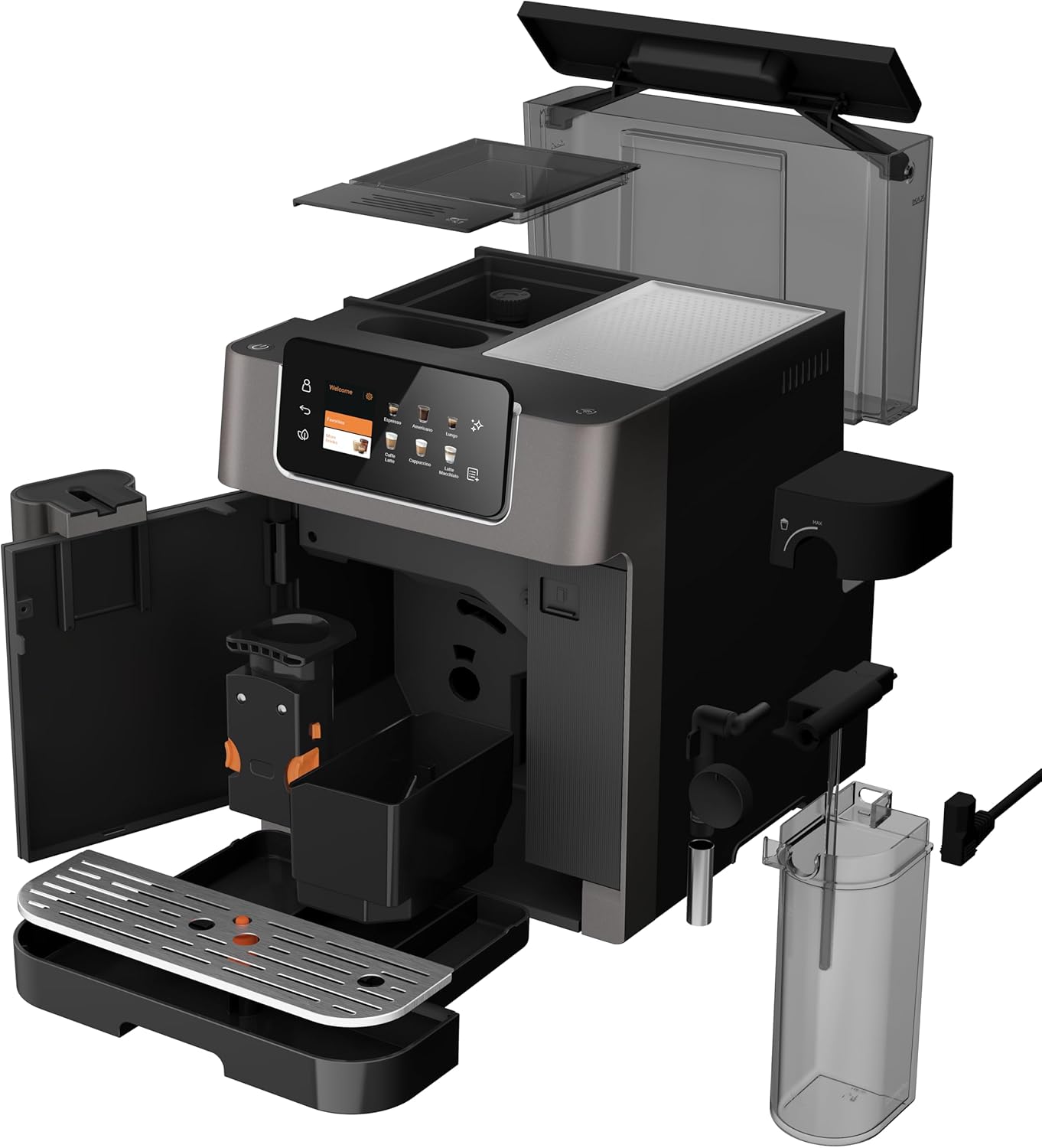 GRUNDIG KVA 7230 Kaffeevollautomat, Kaffeemaschine, 10 Kaffeespezialitäten, 13 Mahlgrade, Milchbehälter, leistungsstark 1350 W, 19 Bar Pumpendruck, Zweifachdüse, Beleuchtung, Schwarz/Dunkelsilber