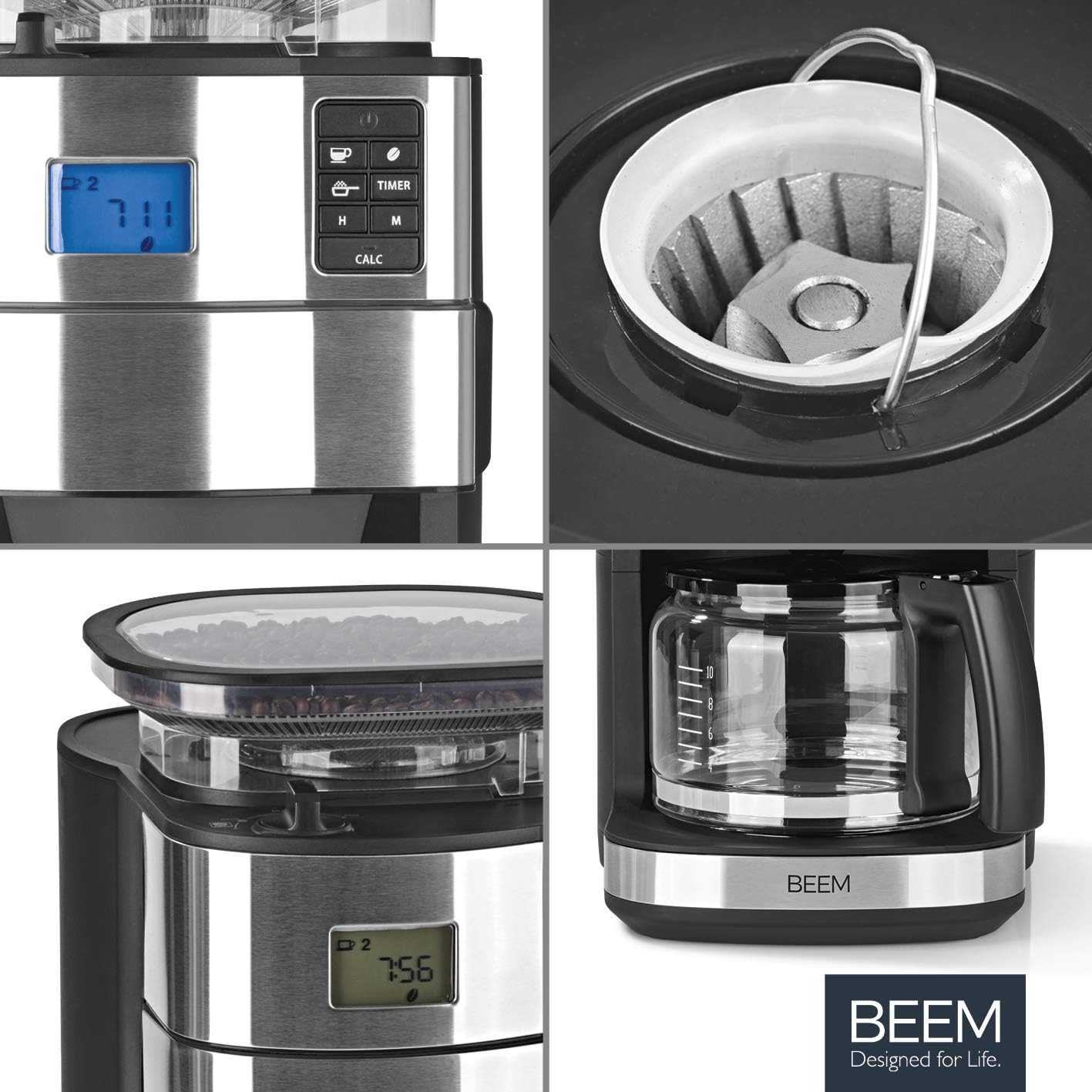 BEEM FRESH-AROMA-PERFECT II Filterkaffeemaschine mit Mahlwerk - Thermo | Edelstahl | Thermokanne | 24h-Timer | 1000 W | 180 g Bohnenbehälter