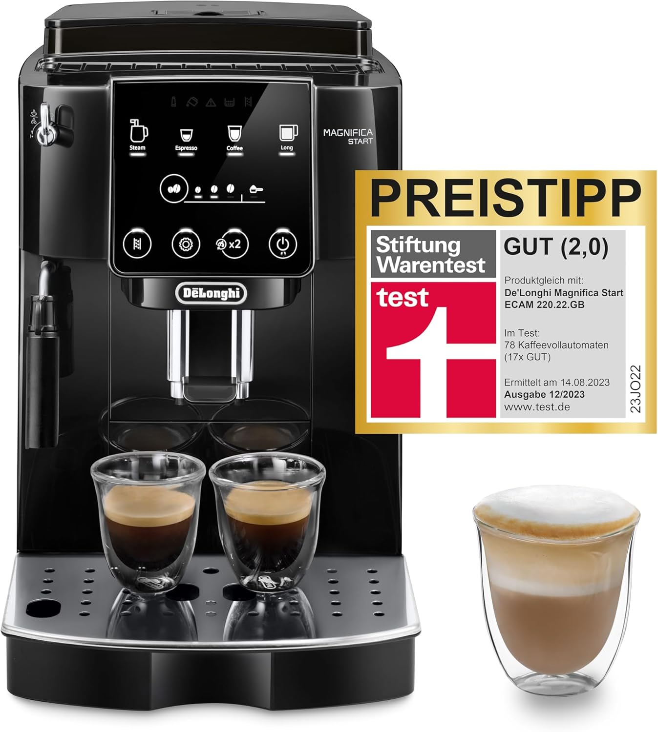 De'Longhi Magnifica Start ECAM222.20.B, Kaffeevollautomat mit Milchaufschäumdüse, für Cappuccino, mit Espresso-Direktwahltase und 2x Espresso Funktion, 13-stufiges Kegelmahlwerk, 1450 W, Schwarz