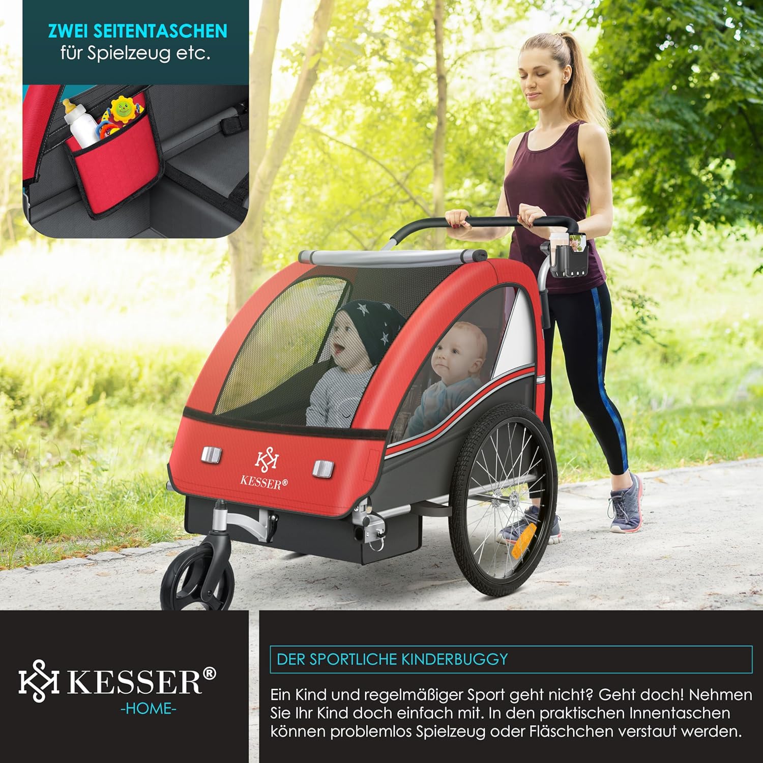 KESSER Kinderfahrradanhänger Sport-RX 2in1 Jogger & Buggy 5-Punkt-Gurt Sicherheitsgurt 360° Vorderrad Kinderfahrradanhänger Reflektoren für 1-2 Kinder (max. 40 kg) Getränkehalter & Smartphonefach